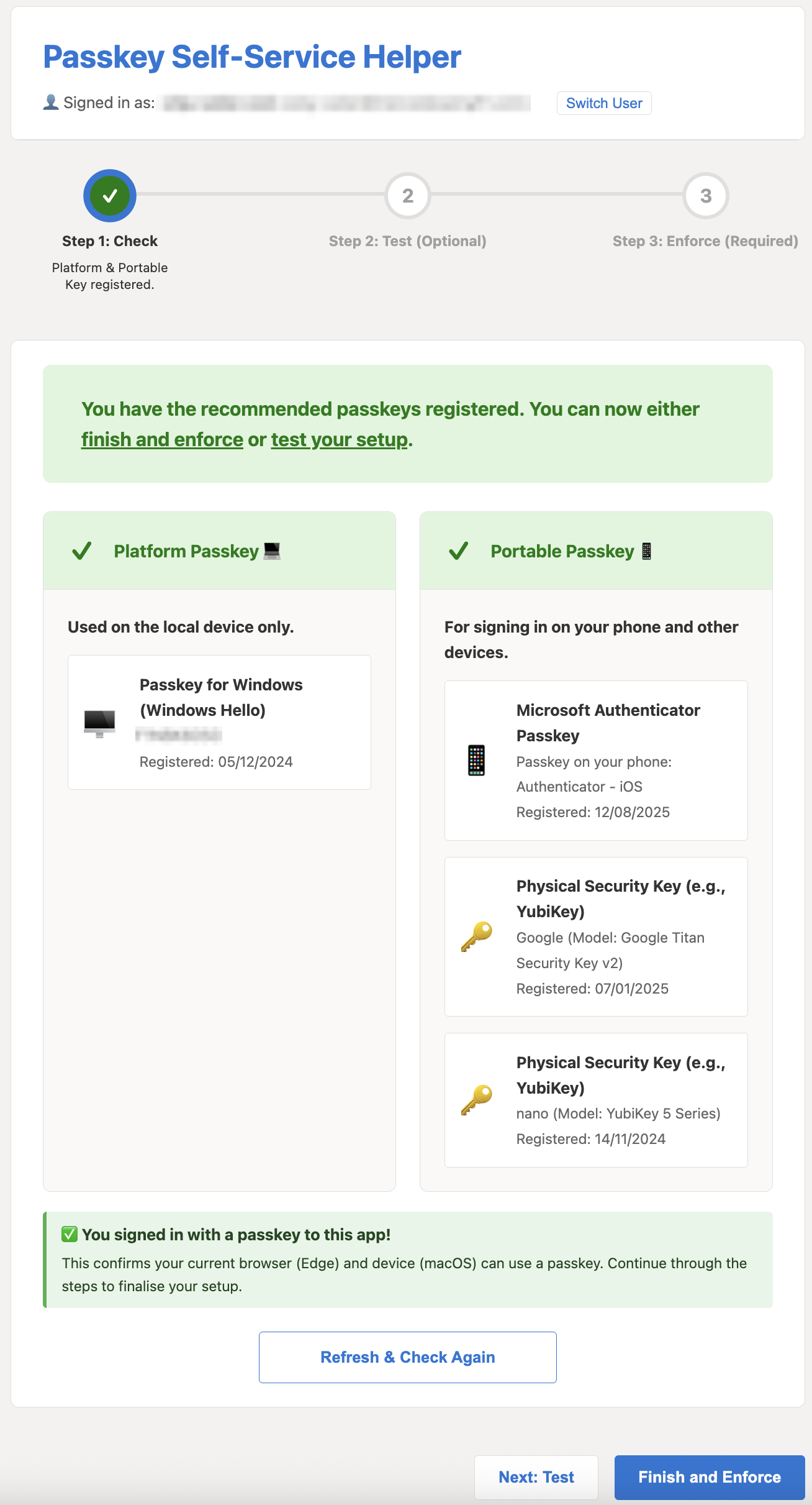 User SPA with app passkeys registered.